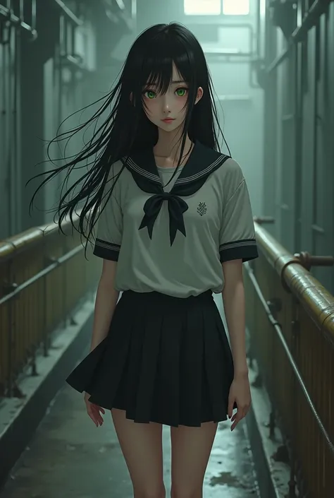 Masterpiece, highest quality, 1 girl, adult, long black hair, cute face (detailed face, detailed skin texture), green eyes, wearing short school uniforn, white socks, black shoes, standing on the platform, portrait from anime  (((woman))) cute-fine face, l...