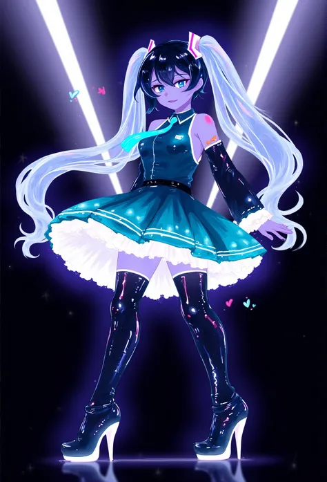 f4ck_41 of hatsune miku with loose curls in blue, dressed in a teal cocktail dress with white neon lights highlighting her figur...