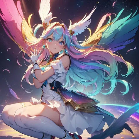 (a bit: 1.2), (masterpiece: 1.4), (Best Quality: 1.4), (She is fused with a Gundam mecha from the future.:1.4), (Very cute angel girl, Ultra detailed face, Jewel-like eyes, White very long hair, Colorful gradient hair: 1.4),Put on head gear, With V-fin ,Me...