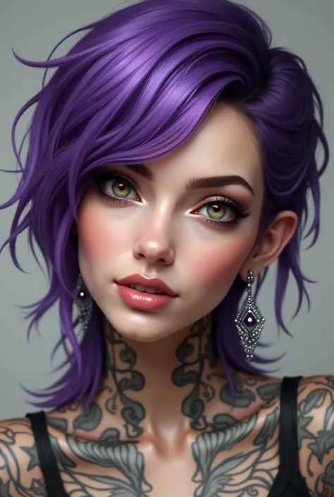 A woman with purple hair and tattoos, a senior character artist with character portrait, digital art, Chloe Price, beautiful neuromancer, CGSociety portrait Portrait of anime (((woman))) cute-fine face, brown-red hair pretty face, realistically shaded  per...