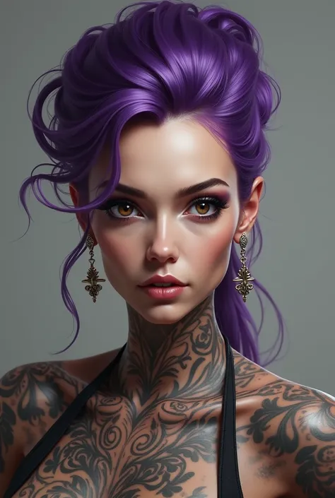 A woman with purple hair and tattoos, a senior character artist with character portrait, digital art, Chloe Price, beautiful neuromancer, CGSociety portrait Portrait of anime (((woman))) cute-fine face, brown-red hair pretty face, realistically shaded  per...