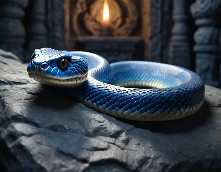 1 blue snake, crawling on ancient stone carvings, majestic atmosphere, intricate stone carving, dramatic lighting, dark fantasy, highly detailed, photorealistic, 8k, (best quality,4k,8k,highres,masterpiece:1.2),ultra-detailed,(realistic,photorealistic,phot...