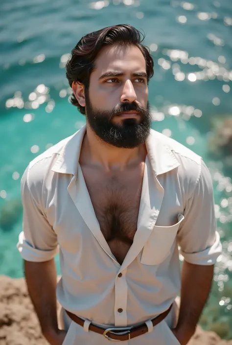 a white man, muscular, 3, with a defined beard, He is wearing a slightly open white linen shirt, evoking the sailor style, while in the vibrant underwater world of The Little Mermaid. He is standing on the shore of a rocky beach, with the sparkling ocean b...