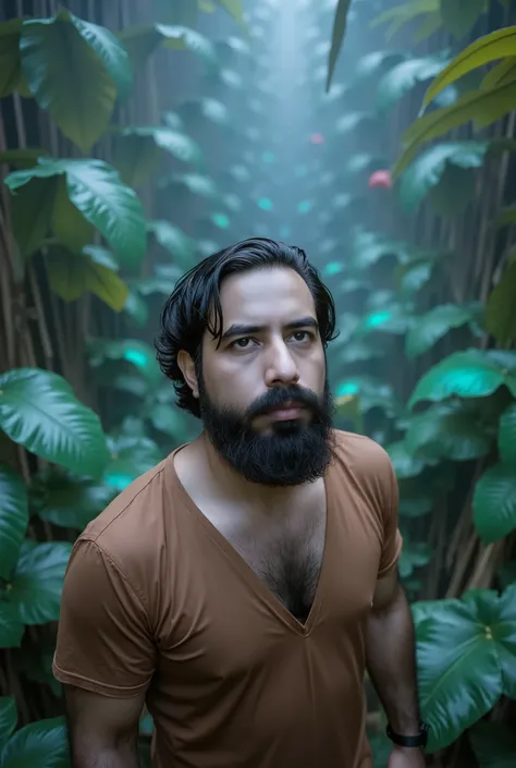 a white man, muscular, 3, with a defined beard, appears in the lush world of Avatar, wearing a tight-fitting earth-toned t-shirt that highlights his athletic physique and blends in with Pandora&#39;s natural surroundings. It stands among the bioluminescent...