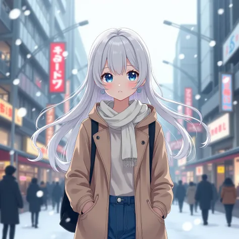 The girl is about 150 centimeters tall. , Beautiful face , White skin , Medium chest , Long white hair , Wear casual clothes , There are small earrings with a flower pattern. , Staying in Tokyo during winter , Blue eyes , Japanese anime 