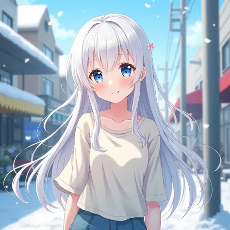 Teenage girl , Beautiful face , White skin , Medium chest , Long white hair , summer , Wear casual clothes , There are small earrings with a flower pattern. , Staying in Tokyo during winter , Blue eyes , Japanese anime 