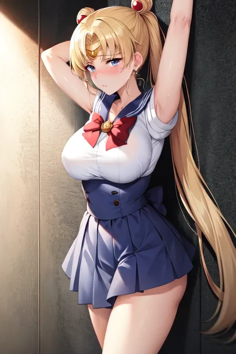 masterpiece, high definition, best quality, rendered art, well formed hands, fingers and body, 1 woman, solo, sailor moon , adult, grown up, twin tails, blonde, big and large breasted, clothed cleavage, full body picture , sexy sailor senshi uniform, short...