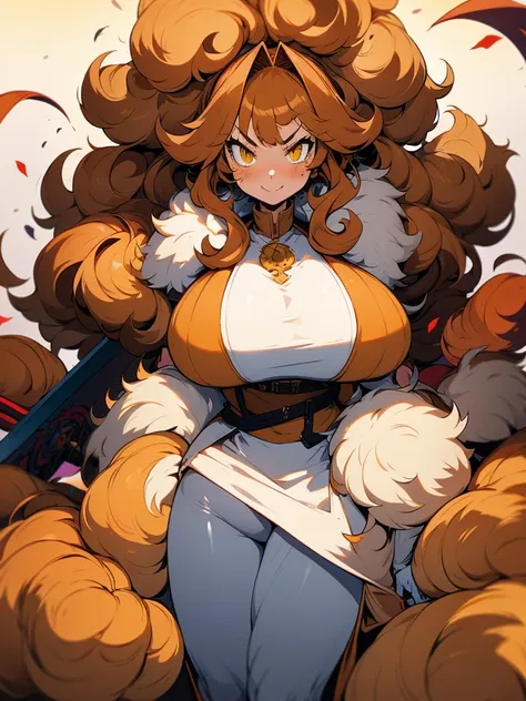 Anime, 1 girl, dijon-colored hair, huge fluffy hairstyle, lemon colored eyes, angry face, angry smile, busty, gorgeous plump body, burnt-umber colored coat, fluffy coat, tight red bustier, Hunter belt, fluffy mini shorts, plump tighs, fluffy boots, large t...