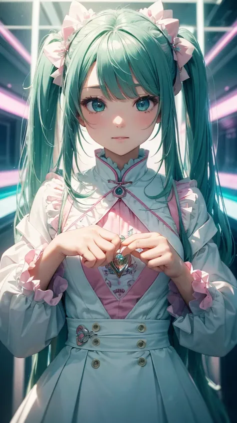 (masterpiece、Best Quality、super high quality、Beautiful and beautiful:1.2)、(Pink twin tails)、(Smile:0.8)、(theme:Gentle white and mint green&Inorganic)、Adult Suit、Rich details、Cyber city neon space、Aerial Screen、Dreamlike composition、Magical rays of light、Gl...