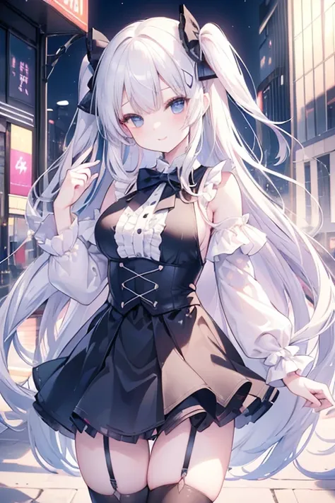 (8k、Best image quality、highest quality、masterpiece)、Detailed face、 1 girl、 fuyuko mayuzumi、white hair、blue eyes、long hair、two side up、smile、Moderate breasts、Pink frilly outfit、Black bow tie、((black miniskirt))、Cowboy Shot、City Background