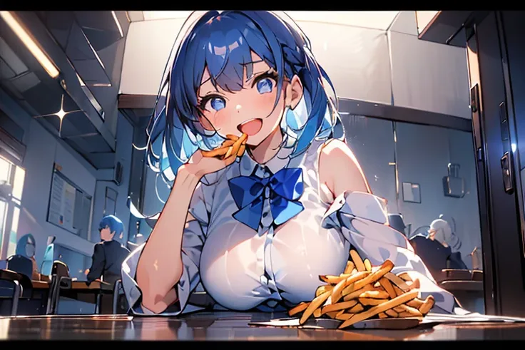 (from below:1.2),(((beautiful detailed)))、(cute face:1.2)1girl, a girl stuffing her face with french fries, girl crying while ea...