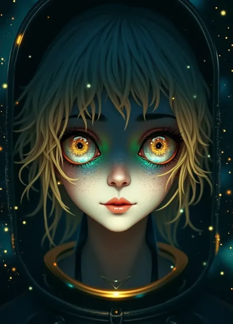 (Close-up of an excellent masterpiece:1.5)0.9]，(Space and astronauts:1.2) (Messy silver hair:1.1) (Heterochromia with yellow and blue eyes:1.2) (Space Helmet:1.0) (Colorful stars in the eyes:1.0) (Dazzling light:1.1) (Thick lips:0.9)