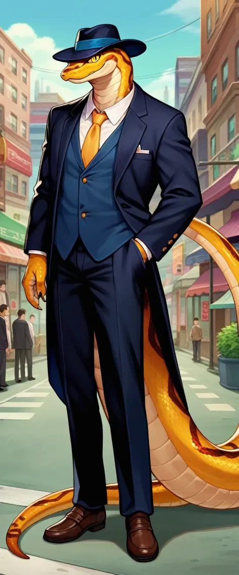 score_9, score_8_up, score_7_up, score_6_up, BREAK, source_cartoon, full body shot, 1boy, mature male, Yellow eyes, snake eyes, snakeman, scales, anthro, suit, smile, standing, hat,  looking at viewer, anime screencap, on city, detailed background
