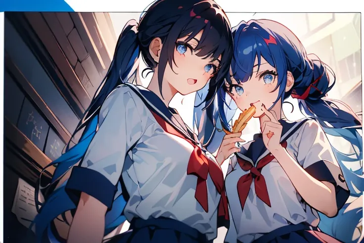 (from below:1.2),(((beautiful detailed)))、(cute face:1.2)1girl, A girl stuffing her face with french fries, Girl crying while eating a pile of french fries, light Navy blue hair, blue eyes, A short-sleeved white shirt with four vertical bow ties, hard areo...