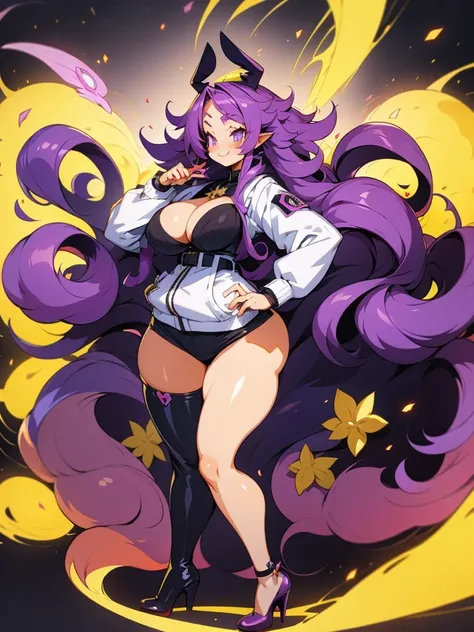 Anime, 1 girl, succubus, purple colored hair, large long huge curly hair, lemon colored eyes, happy face, coy smile, busty, gorgeous plump body, white jacket, furry jacket, tight Black bustier, spiked belt, fluffy mini skirt, plump tighs, pit black boots (...