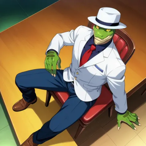 score_9, score_8_up, score_7_up, score_6_up, BREAK, source_cartoon, full body shot, 1boy, mature male, anthro, snakeman, green skin, green scales, snake eyes, yellow eyes, hat, suit, smile, sitting on chair, table, coffe, looking at viewer, from above, ani...