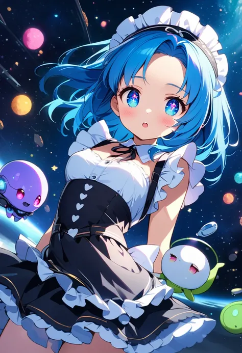 Girl, Alien, light skin, blue hair, forehead, starry eyes, maid outfit, cute, medium chest, space, Andromeda