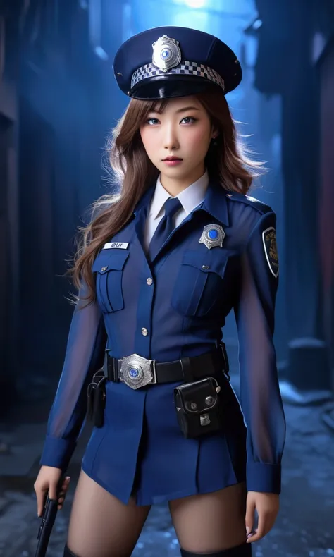 cute yuna (mystic investigator, mystic 3rd eye in forehead, sheer silk police investigator uniform, hair blows in mystic wind) she is investigating a murder scene and sees the ghostly victim