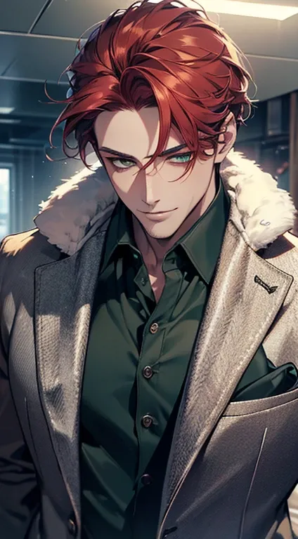 (best quality, masterpiece, 8K, photorealistic, cinematic lighting, hdr image, ultra detailed, beautiful image), a mature man, very handsome, smile, short grey red hair, green eyes, perfect face without errors, ((buttoning the jacket, CEO))