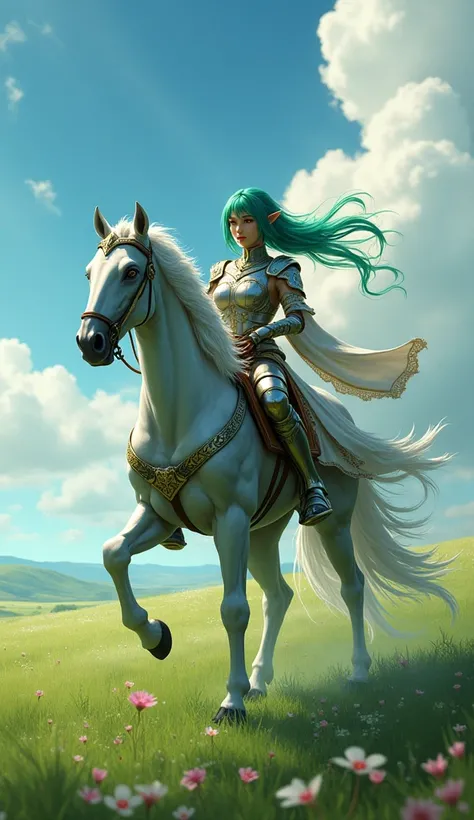 On the grassland,Japanese female elf warrior,Long green hair,Big breasts,shining armor,Riding the Lu Jingniao from the FF series,