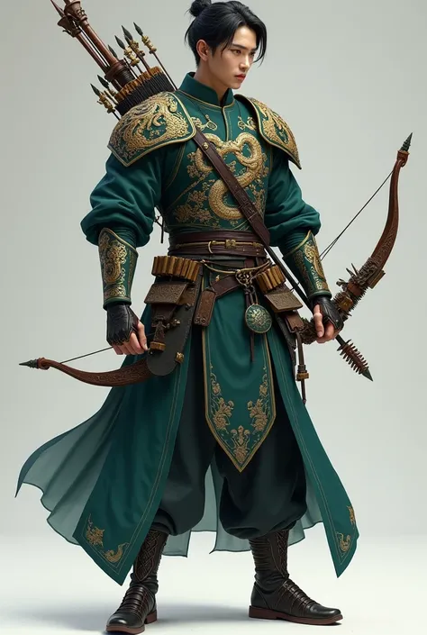 Askhan has a look that blends traditional and modern, reflecting his connection to Chinese culture and history. He has short, well-groomed black hair and a serious, focused expression. He wears a combat tunic inspired by the armor of ancient Chinese warrio...