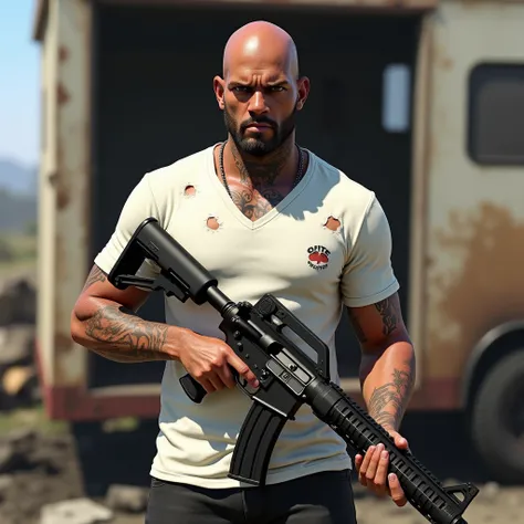 photorealistic, Trevor Phillips, stands in a white t-shirt with holes, with a tattoo of &quot;cute&quot; on his neck, in black pants, Ar-15 rifle in hands, against the backdrop of a destroyed trailer, looks at the viewer, Scaling, selfie, throw, full-HD, r...