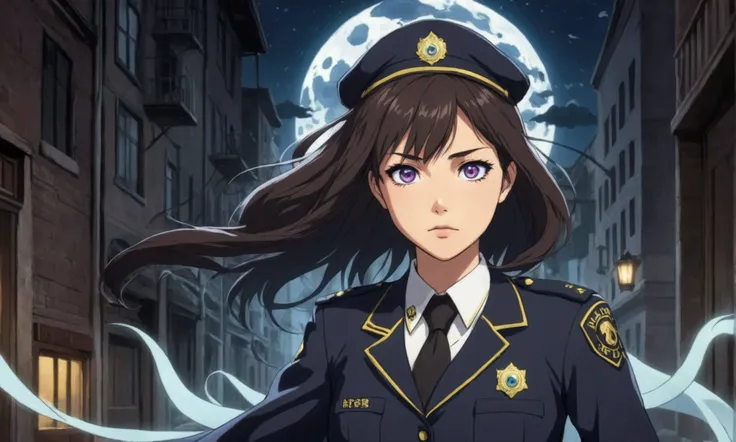 cute yuna (mystic investigator, mystic 3rd eye in forehead, sheer silk police investigator uniform, hair blows in mystic wind) she is investigating a murder scene and sees the ghostly victim
