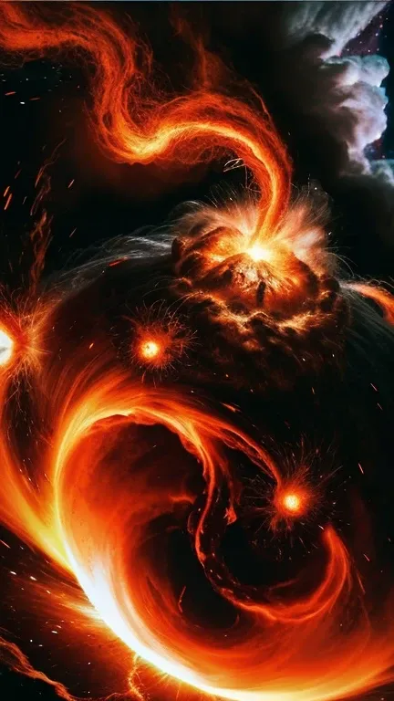 The entire universe is on the verge of destruction, with massive flames engulfing everything. Fireballs swirl around, consuming the cosmos. The subject, a solitary figure, stands at the center of this chaotic scene. The background is a dark void filled wit...