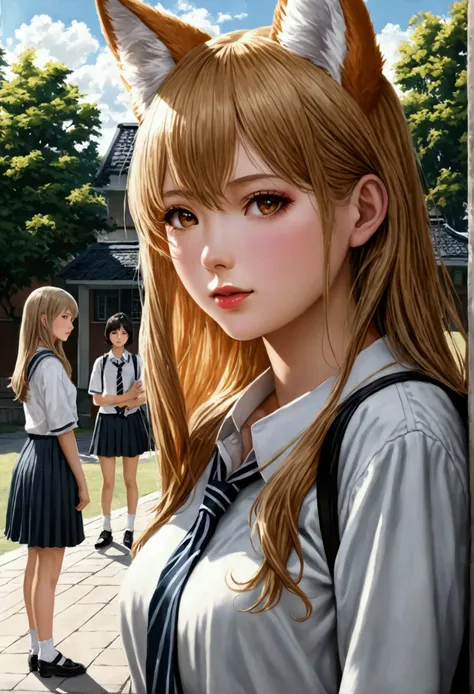 best quality,masterpiece,ultra high res,(photo realistic:1.4),Girl,looking at Kitsune wife and Half Kitsune student outside of highschool