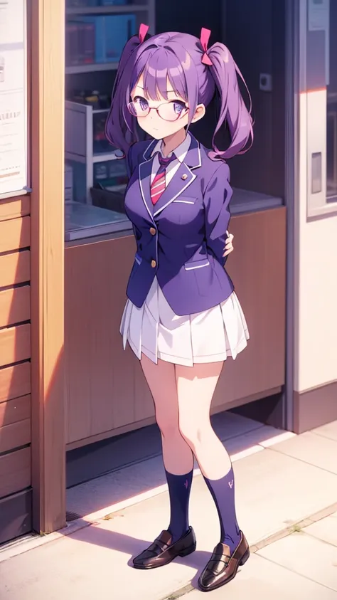 anime girl standing with her arms folded behind her back　window　twin tails　glasses　purple hair　white crew socks　black loafers　bl...