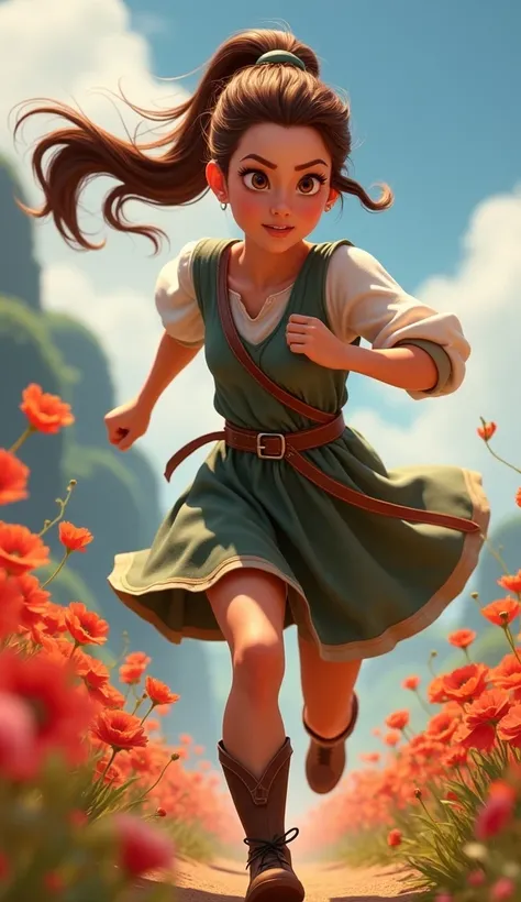 Full-body view of a vibrant animated masterpiece: (Young woman with brown hair tied in a ponytail:1.3) (Wearing a medieval-style tunic dress with a belt:1.5) (Determined and focused facial expression:1.4) (right leg starting to move forward:1.4) (left leg ...