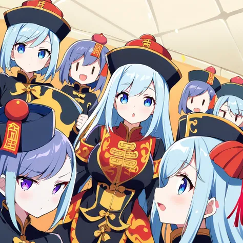 Anime, jiangshi, jiangshi clothes,round-top tall rimmed hat , girls surrounding, multiple girls, pale skin, curvy body