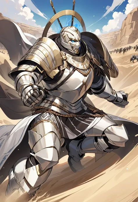 Giorgio Sideras, the second hero of the third division, could have a look that reflects the aesthetics of classical Greece, with touches of desert and samurai elements. He could wear light armor reminiscent of ancient Greek warriors, but adapted for battle...