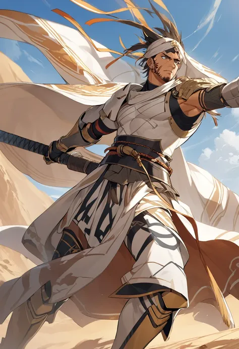 Giorgio Sideras, the second hero of the third division, could have a look that reflects the aesthetics of classical Greece, with touches of desert and samurai elements. He could wear light armor reminiscent of ancient Greek warriors, but adapted for battle...