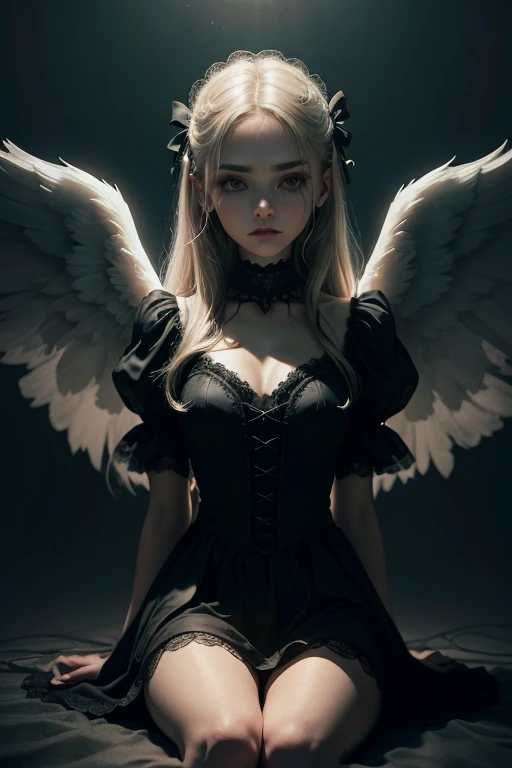 Dark Fantasy Art, (((medium full shot))), (best quality, ultra-detailed:1.3), (nice hands, perfect hands), official art, cinematic light, (1girl:1.3), adulthot girl, (ethereal girl), angelic (wings), glowing halo, kneeled position, delicate laces, eerie pl...