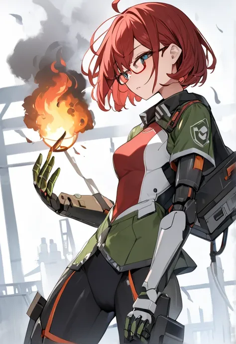 Silly accuracy, High resolution, (masterpiece: 1.4), Super detailed, And moss, Black shield, Large warehouse, eyes open, red glasses facing the lens, fire, Body Energy Burner, Robotic arm with flames and white smoke on its hands