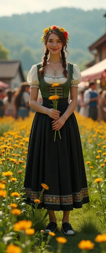 front view,  stand on grass,  looking at viewer, female 20 years-old, (brown hair ,double braid, smile), flower crown,  slime body, traditional German costumes from the 1930s. (The women are wearing  embroidered Dirndls, which include a close-fitting bodic...