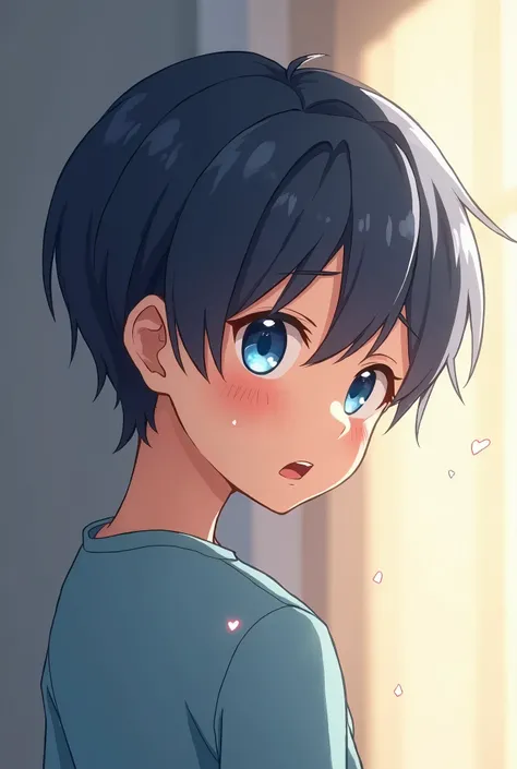 1 boy, Short hair, Shota, blushing, smile, offener Mund, blue eyes, tears, shy, embarrassed, almost crying, sleepy, moan, from the side, best quality, Anime Style, whole body