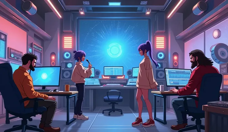 Large futuristic music production studio, A Vocaloid girl dressed in purple with dark skin and medium-short hair singing alongside another medium-chubby girl with hair like Miku, the two located on the right, a thin, bearded guy sitting at a PC making musi...