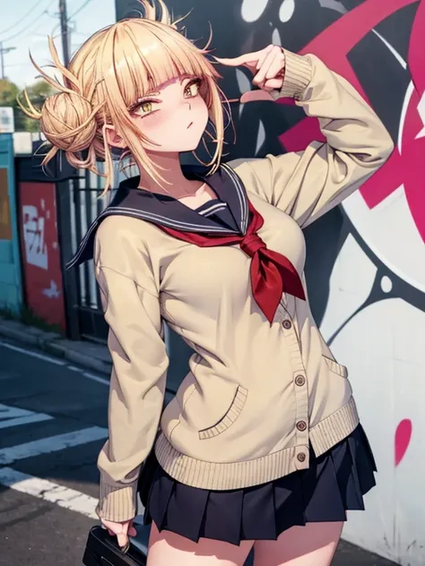 Arafeed woman in school uniform poses in front of graffiti. tumblr, graffiti, girl leaning forward, asses up, showing buttocks, himiko toga, White beige cardigan, White sailor suit with navy collar, red neckerchief, navy very short pleated skirt, schoolgir...