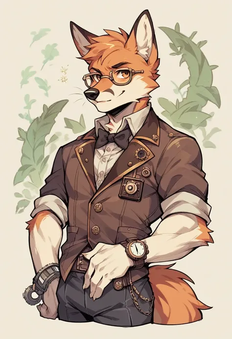 a fitness fox, steampunk, with glasses, watch, kind smile