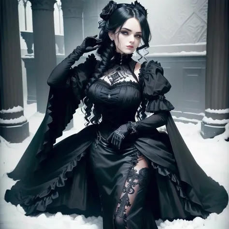 a close up of a woman in a black dress and gloves, wearing a gothic dress, an elegant gothic princess, victorian goth, black victorian dress, gothic fashion, gothic dress, wearing modern gothic clothes, gothic maiden, ornate goth dress, gothic outfit, dark...