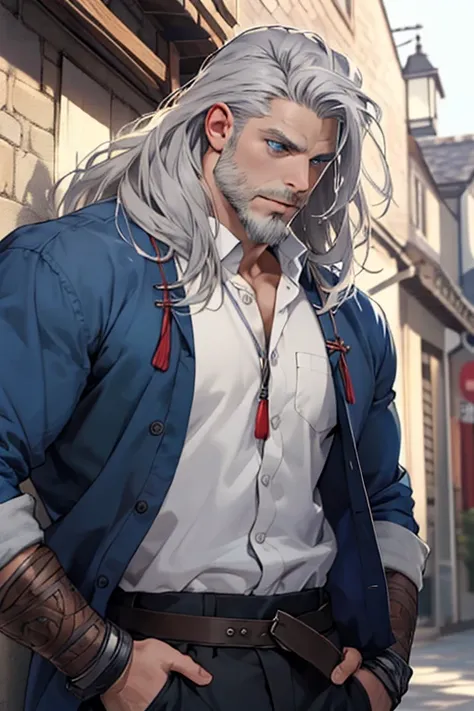 Viking-liked, Respectable, middle-aged, wrinkle, long grey hair, grey beard, blue eyes, handsome man, strong, brave, white shirt, anime style