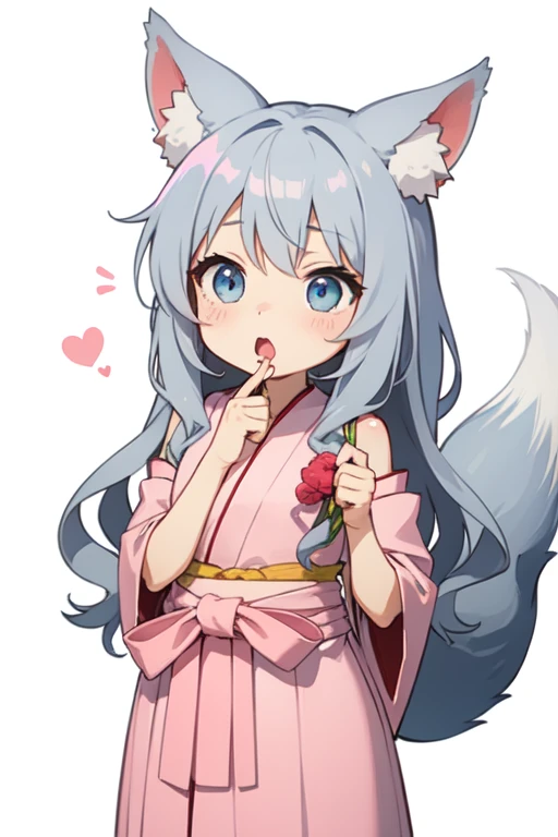 Anatomically correct、Chibi Character、、Loose, long wavy hair、Gray Hair、Dull light blue eyes、Fox Ears、White background、Pink ribbons under both ears、White Shrine Maiden Clothing、Pink long hakama、The waist strap is pink、Two fox tails、Surprised、One hand on mout...