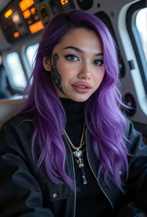 A portrait of a cyborg woman, her flowing purple hair cascading over her shoulders as she sits in the cockpit of a spaceship. Her face is a captivating blend of human and machine, with metallic accents and glowing circuitry subtly integrated into her featu...
