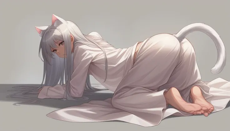 beautiful girl with cat ears rear view of crawling on all fours:1 girl wearing light clothing and shiny plain pajamas, smooth, m...