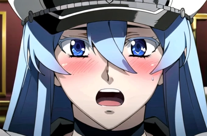 esdeath, (aroused facial expression), open mouth, blush, sweat, breasts, large breasts, (hat), cleavage, choker, hair between ey...