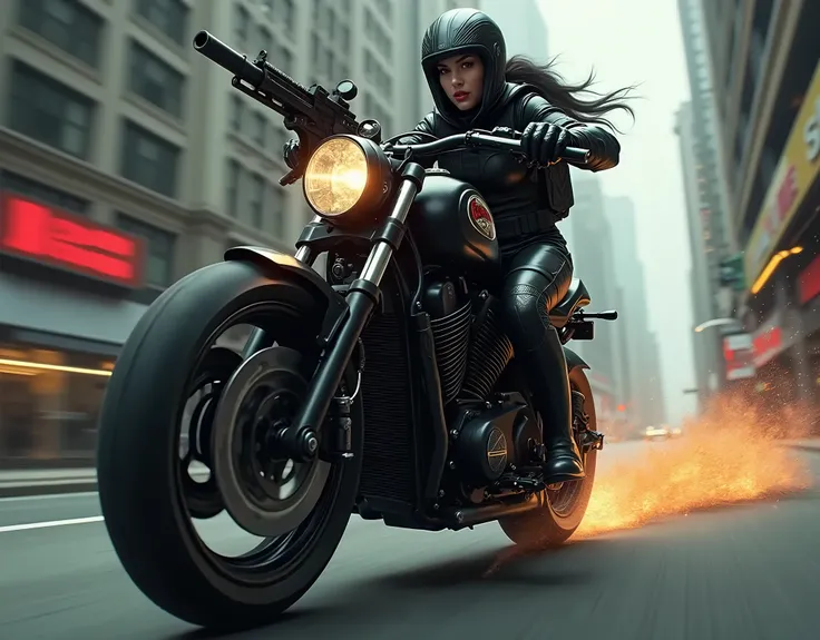 A female mobster assassin on her black racing motorcycle using an Uzi-style machine pistol with one hand