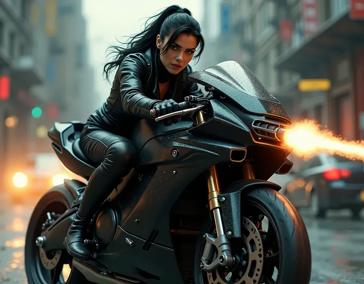 A female mobster assassin on her black racing motorcycle using an Uzi-style machine pistol with one hand