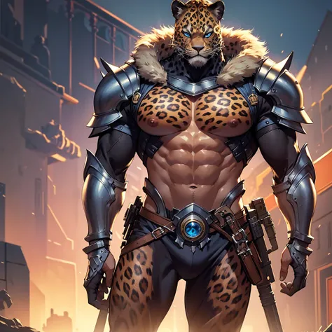 High resolution, masterpiece, Anatomically correct, Winner of numerous awards, Ultra high definition, Textured skin,male、Leopard Beastman、Muscular、Lightweight Armor、blue eyes、Looking at the camera、(((solo))),Standing and looking at me、